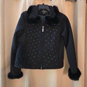 Jackets Galore Quilted Jacket Rhinestone Embellished Fur Collar Black Vtg‎ EUC M